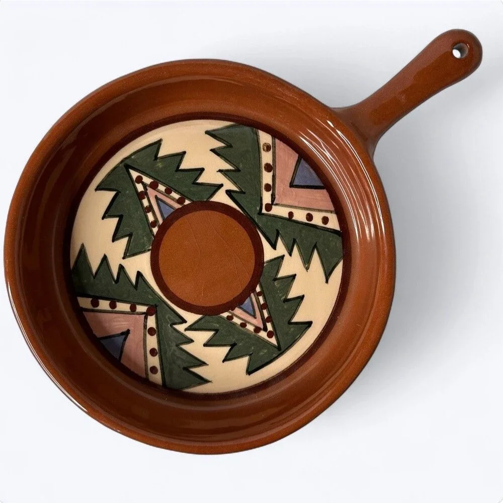 Southwest Style Glazed Pottery Skillet Studio Art Signed Folk Art Decor Handmade